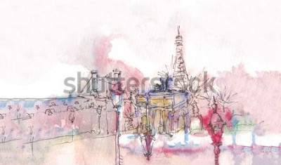 Tableau  Monument de Paris avec aquarelle dans une journée pluvieuse - vue du musée avec la Tour Eiffel derrière. Aquarelles chic. Panorama parisien. Panorama d'aquarelle parisien. Paysage chic