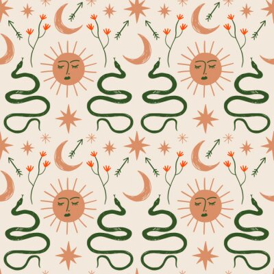 Moon and Sun boho magical seamless pattern with snakes in vector.