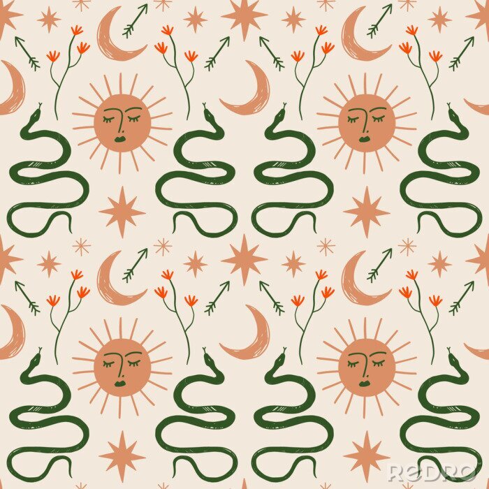 Tableau  Moon and Sun boho magical seamless pattern with snakes in vector.