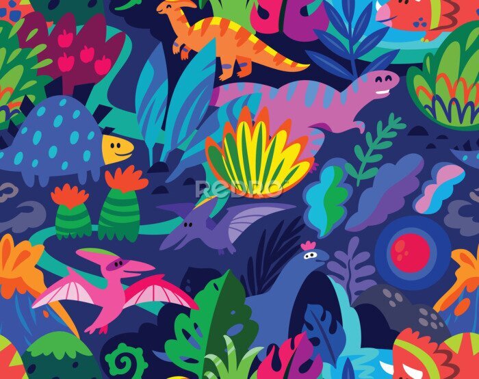 Tableau  Motif abstrait avec des dinosaures et des plantes colorées