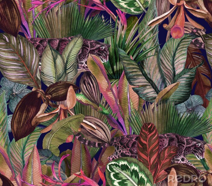 Tableau  Motif aquarelle - chat sauvage et feuilles tropicales