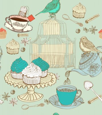 Tableau  Motif avec des oiseaux et des desserts