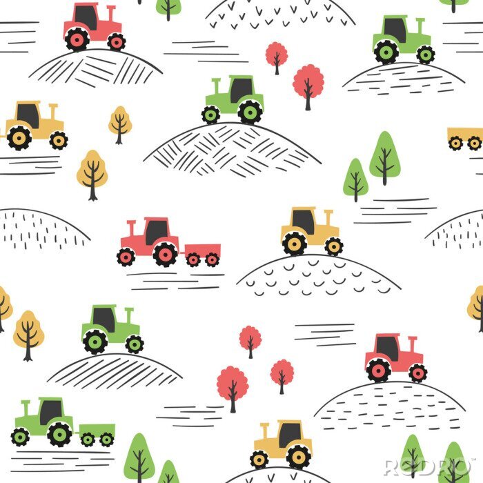 Tableau  Motif coloré sans soudure avec tracteurs doodle.