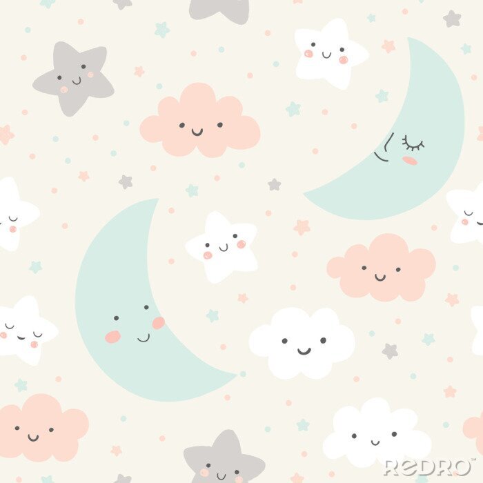 Tableau  Motif de ciel mignon. Conception de vectorielle continue avec sourire, dormir la lune, les étoiles et les nuages. Illustration de bébé.