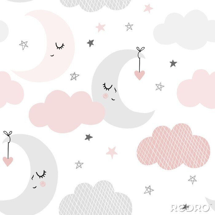 Tableau  Motif de ciel mignon. Conception vectorielle continue avec sourire, lune endormie, coeurs, étoiles et nuages. Illustration de bébé.