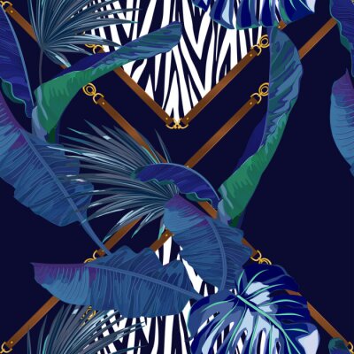 Motif feuilles tropicales et zèbre bleu marine
