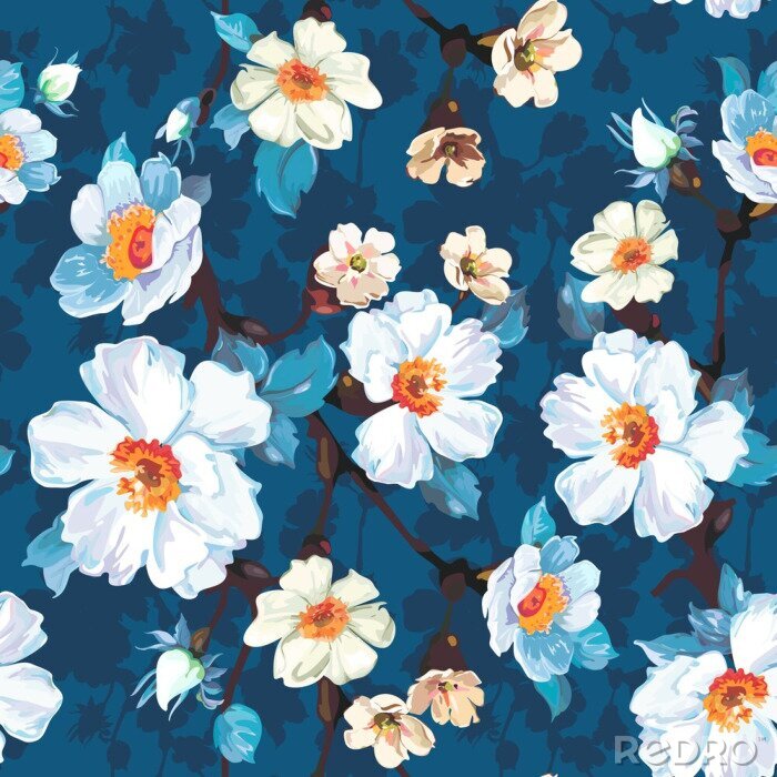 Tableau  Motif floral floral bleu