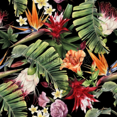 Tableau  Motif floral sans couture avec fleurs tropicales, aquarelle.