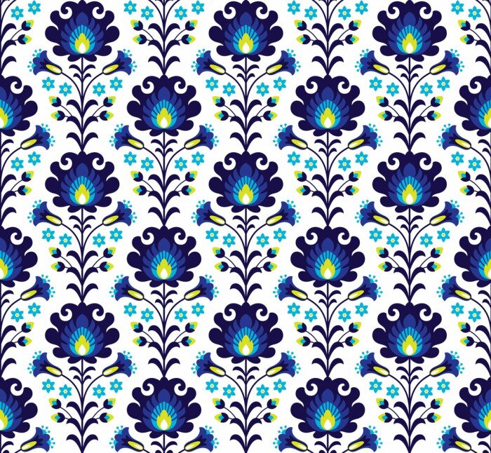 Tableau  Motif folklorique avec des fleurs bleues