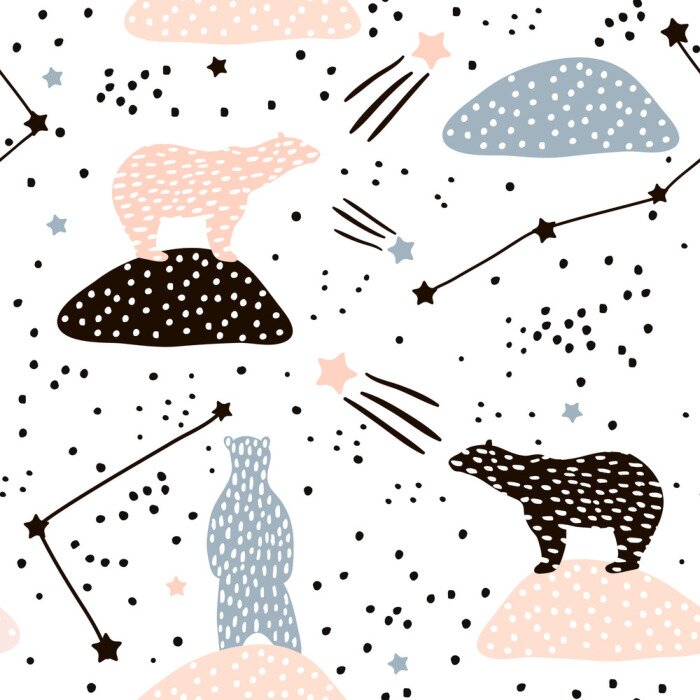 Tableau  Motif sans couture avec la silhouette des ours polaires et les constellations. Parfait pour le tissu, textile.Vector background