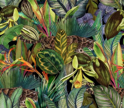 Papier peint à motif  Motif tropical avec un léopard entre des plantes exotiques