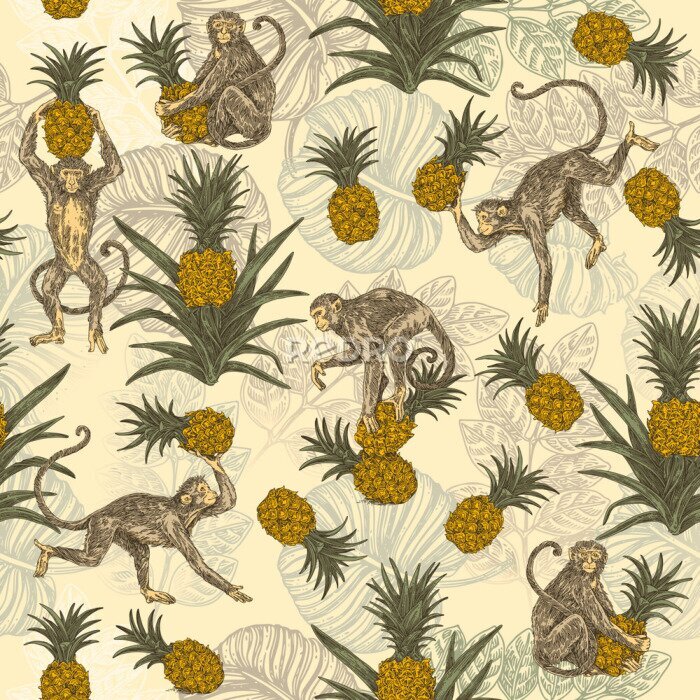 Tableau  Motif tropical singes et ananas