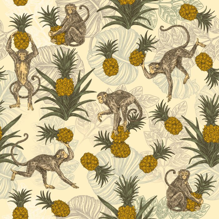 Tableau  Motif tropical singes et ananas
