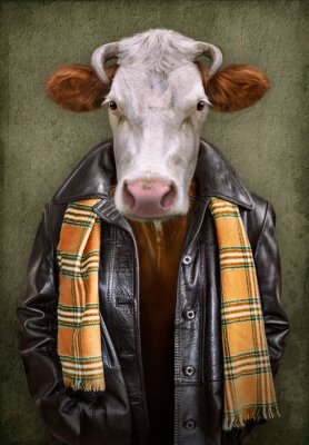 Motif vintage d'une vache avec des vêtements