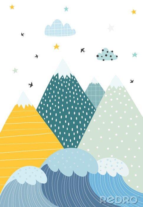 Tableau  Mountains and waves in a scandinavian style. Illustration of nature for children. Vector illustration with a simple objects.