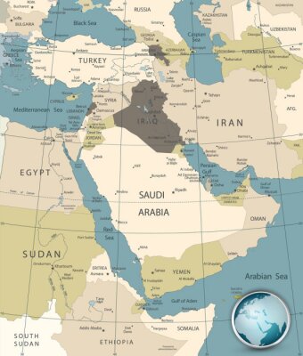 Moyen-Orient et Asie occidentale Carte Vieilles couleurs