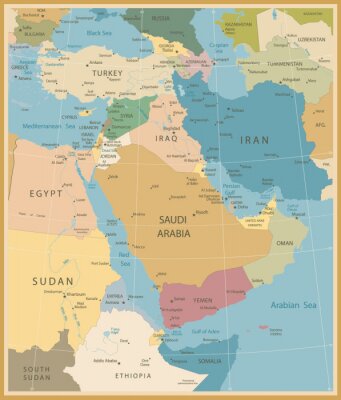 Tableau  Moyen-Orient et Asie occidentale Carte Vintage Couleurs