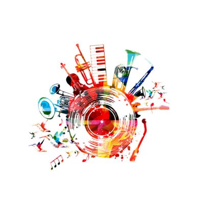 Music background with colorful music instruments and vinyl record disc vector illustration. Music festival poster with double bell euphonium, violoncello, trumpet, piano, euphonium, sax and guitar