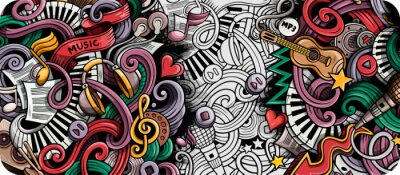 Music hand drawn doodle banner. Cartoon detailed illustrations.