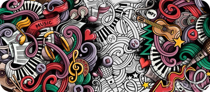 Tableau  Music hand drawn doodle banner. Cartoon detailed illustrations.