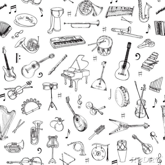 Tableau  Music Instruments Background - Seamless Pattern - vector