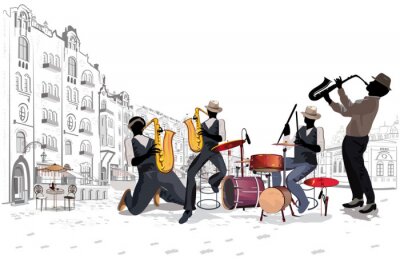 Musiciens à la fête. Groupe de jazz. Illustration vectorielle dessinés à la main