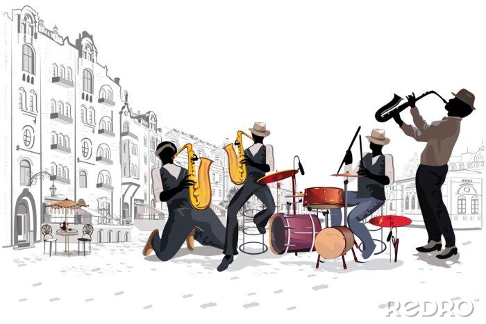 Tableau  Musiciens à la fête. Groupe de jazz. Illustration vectorielle dessinés à la main