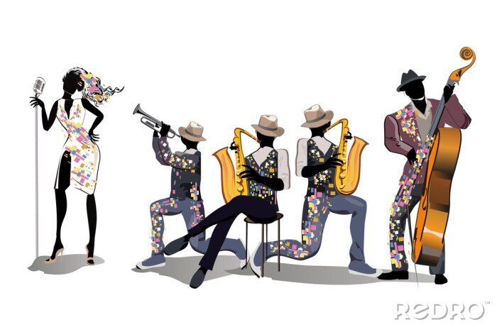 Tableau  Musiciens à la fête. Groupe de jazz. Illustration vectorielle dessinés à la main.