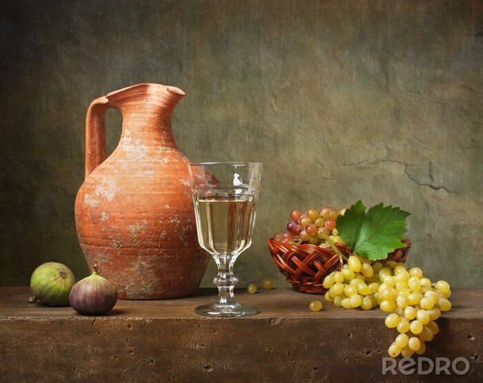 Tableau  Nature morte avec du vin blanc et raisins