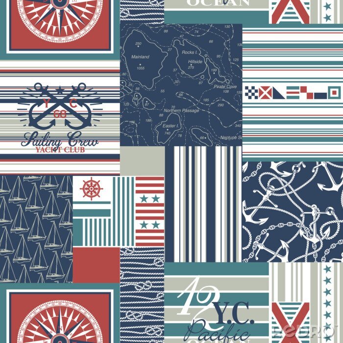 Tableau  Nautical and sailing elements patchwork vector seamless pattern wallpaper