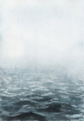 Tableau  Neo-noir landscape. Blue river / lake / sea / ocean in fog - hand drawn watercolor painting in minimalist style. Pre-made scene, background.