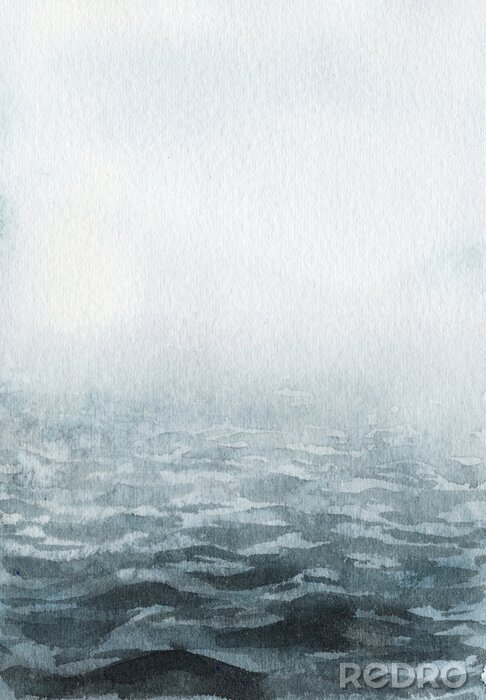 Tableau  Neo-noir landscape. Blue river / lake / sea / ocean in fog - hand drawn watercolor painting in minimalist style. Pre-made scene, background.