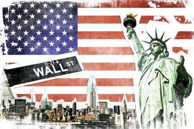 Tableau  New York City collage vintage, drapeau américain fond