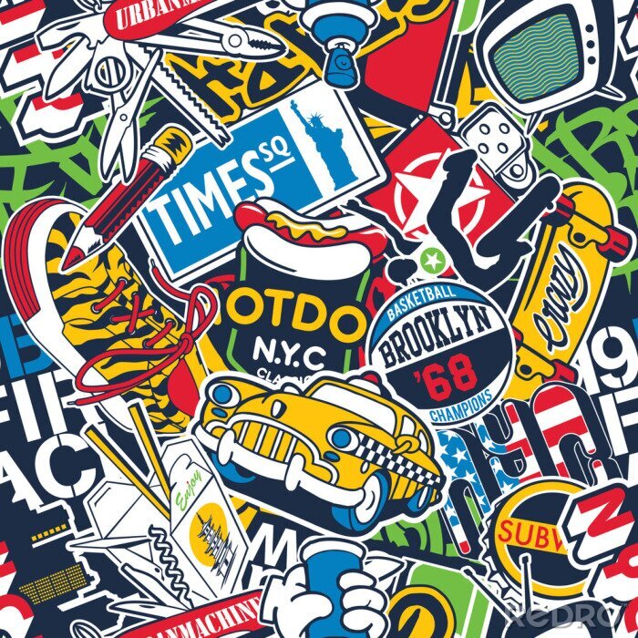 Tableau  New York City urban stickers patchwork abstract vector seamless pattern