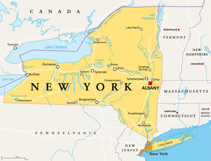 Tableau  New York State (NYS), political map, with capital Albany, borders, important cities, rivers and lakes. State in the Northeastern United States of America. English labeling. Illustration. Vector.