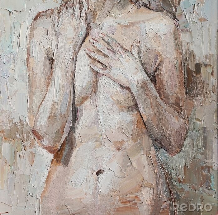 Tableau  Nude attractive young woman, created in details and color nuances. Colors: white, gray, brown. Oil painting on canvas.