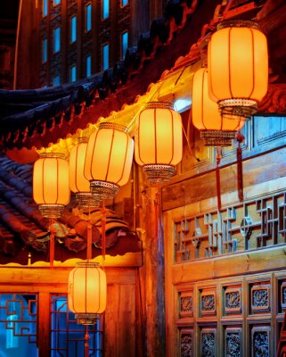 Tableau  Nuit, vue, chinois, rue, lanternes, sculpté, façade