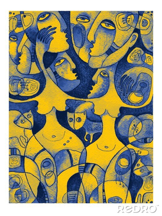 Tableau  Oeuvre d'aquarelle avec des femmes dansantes dans des couleurs bleues et jaunes vives