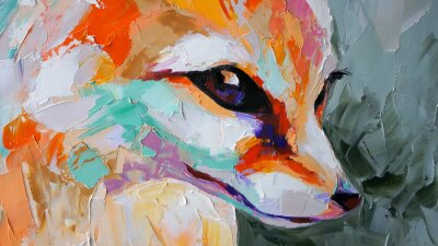 Tableau  Oil fox portrait painting in multicolored tones. Conceptual abstract painting of a fennec muzzle. Closeup of a painting by oil and palette knife on canvas.