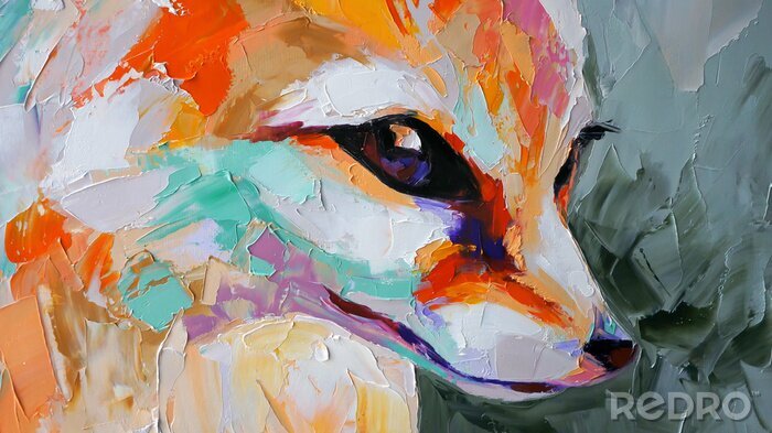 Tableau  Oil fox portrait painting in multicolored tones. Conceptual abstract painting of a fennec muzzle. Closeup of a painting by oil and palette knife on canvas.
