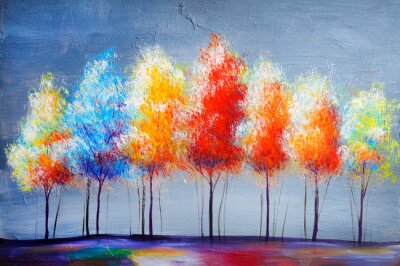 Tableau  Oil painting landscape, abstract colorful gold trees