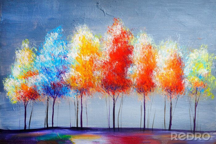 Tableau  Oil painting landscape, abstract colorful gold trees