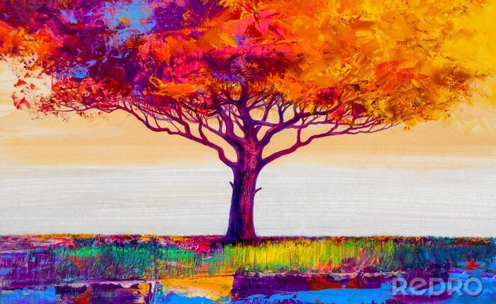 Tableau  Oil painting landscape. Colorful autumn tree. Abstract style.