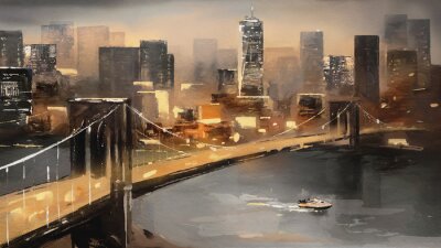 Tableau  oil painting on canvas - view of New York, river and bridge. modern abstract Artwork, Painting American city, urban illustration
