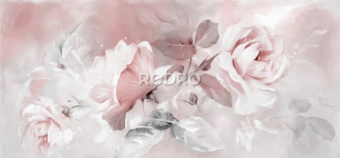 Tableau  Oil painting with flower rose, leaves. Botanic print background on canvas -  triptych In Interior, art.