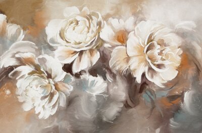 Tableau  Oil painting with flower rose, peonies, gold leaves. Botanic print background on canvas -  floral triptych In Interior, art.