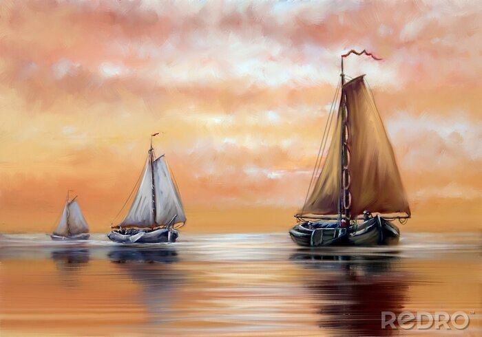 Tableau  Oil paintings sea landscape, sailboat at sunset. Fine art.