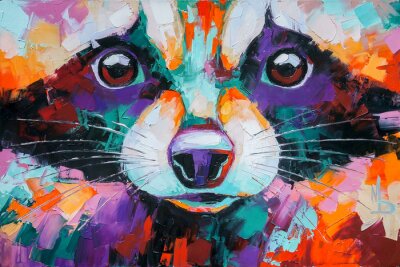 Tableau  Oil raccoon portrait painting in multicolored tones. Conceptual abstract painting of a raccoon muzzle. Closeup of a painting by oil and palette knife on canvas.