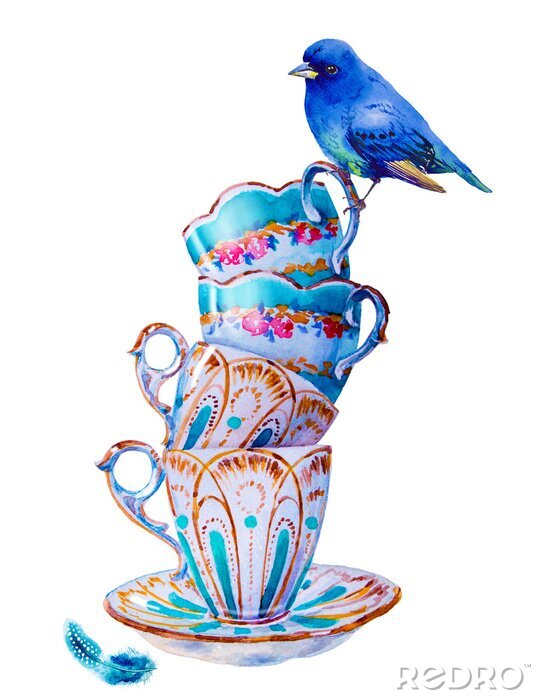 Tableau  Oiseau bleu et tasses shabby chic