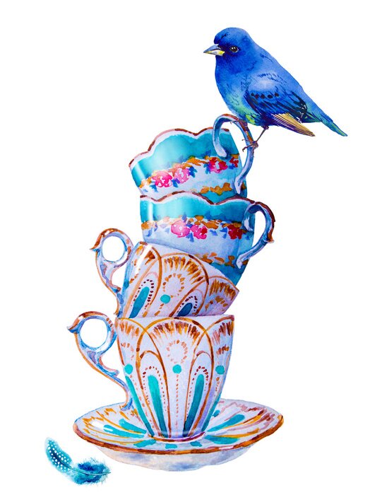 Tableau  Oiseau bleu et tasses shabby chic